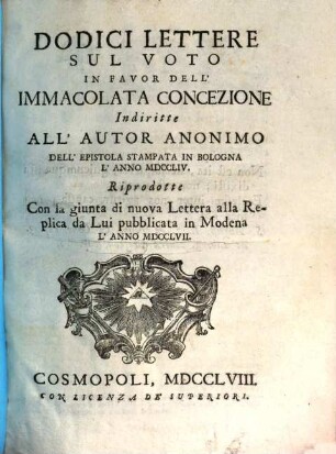 Dodici lettere sul voto in favore dell'immacolata concezione