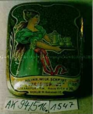 Proben-Blechdose für Tee "HEINR. WILH. SCHMIDT 'THEESCHMIDT' FRANKFURT a/M, BERLIN"
