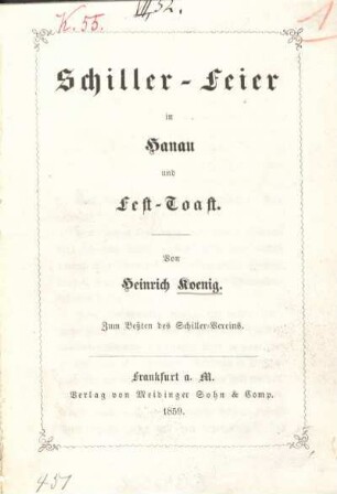 Schiller-Feier in Hanau und Fest-Toast