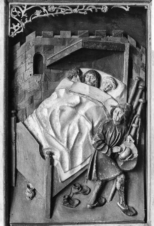 Jakobusaltar : Jakobusaltar. Holz, geschnitzt, gefaßt (um 1510). Bildfeld mit Schlafzimmer. Klagenfurt, Landesmuseum für Kärnten