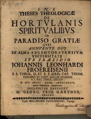 Theses theol. de hortulanis spiritualibus in paradiso gratiae
