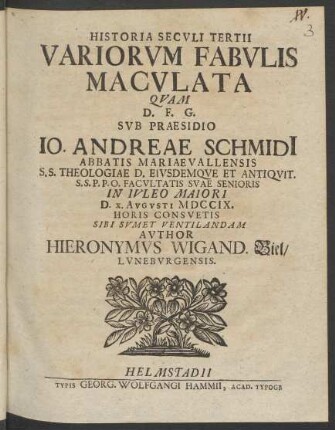 Historia Secvli Tertii Variorvm Fabvlis Macvlata