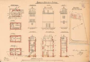 Leitfeuergebäude, Holnis: Lageplan 1:500, Ansichten, Grundrisse, Schnitte 1:100