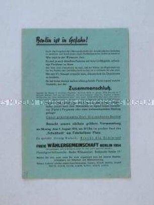 Propagandaflugblatt der Freien Wählergemeinschaft Berlin 1954 mit einer Einladung zur Teilnahme an einer öffentlichen Versammlung