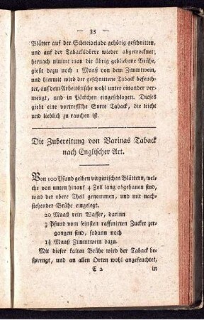 Die Zubereitung von Barinas Taback nach Englischer Art.