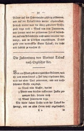 Die Zubereitung von Barinas Taback nach Englischer Art.