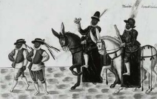 Kurfürst August mit Sonnenhut und goldenem Regimentsstab und vornehmer Begleiter mit Rosensträußchen auf Maultieren in der Midas-Invention, voraus zwei Lakaien, Blatt 77 (Seite 81 b)