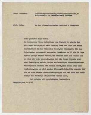 Brief von Raoul Hausmann an Südwestdeutscher Rundfunk AG / Ernst Schoen. Jershöft