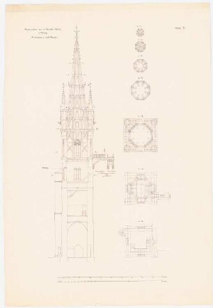 Evangelische Nikolaikirche, Brieg Restaurierung: Nordturm: Schnitt und Schichtenrisse, Maßstabsleisten