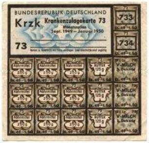 Lebensmittelkarte (Zusatzkarte für Kranke) der Bundesrepublik für Butter, Nahrungsmittel und Milch für September 1949 bis Januar 1950