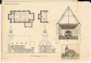Dorfkirche im Gebirge Monatskonkurrenz Oktober 1914: Grundriss Erdgeschoss, Emporengeschoss, Aufriss Vorderansicht, Seitenansicht 1:100; Querschnitt 1:50; perspektivische Ansicht Maßstabsleiste