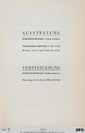 Antiquitäten - Möbel, Sammlung von Delfter Fayencen, Kunstgewerbe : Mobiliar - komplette Speisezimmer, Garnituren, Steinway- und Bechstein-Flügel ; Gemälde, Perser-Teppiche ; [12. April 1932]