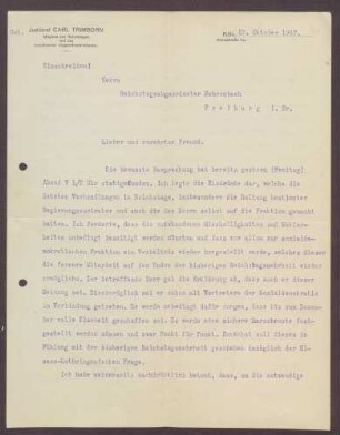 Schreiben von Karl Trimborn an Constantin Fehrenbach, Wahlreform und Nachfolge des preußischen Ministerpräsidenten