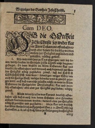 Wegzeiger der Gottheit Jesu Christi. Cum Deo.