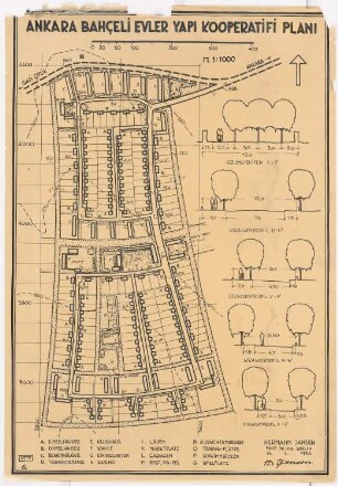 Gesamtbebauungsplan Ankara Siedlung Bahceli Evler Yapi Kooperatifi: (Plangestalt von Inv.Nr. 23061), Grund- und Lageplan 1:1000, Straßenprofile 1:50