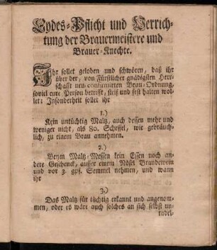 Eydes-Pflicht und Verrichtung der Brauermeistere und Brauer-Knechte.