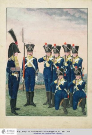 Abbildung Des Gros[s]herzoglich Hessischen Militair. [Tafel 17: Regiment Groß- und Erbprinz; Subaltern-Offizier, ein Sergeant und sechs Mann der vierten Kompanie]. S.l.e.a. [ca. 1813/14]