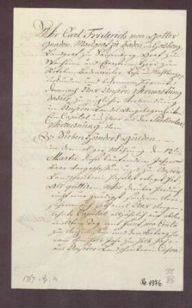 Schuldbekenntnis des Markgrafen Carl Friedrich von Baden-Durlach gegen die geistliche Verwaltung in Karlsruhe über 650 fl.