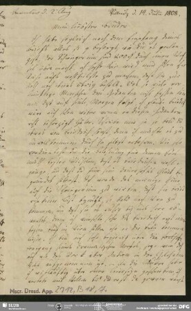 Eigenh. Brief von Charlotte Ernst an August Wilhelm von Schlegel, Pillnitz, 14.07.1808