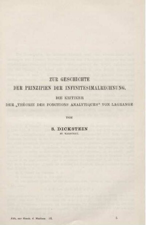 Zur Geschichte der Prinzipien der Infinitesimalrechnung. Die Kritiker der "Théorie des Fonctions Analytiques" von Lagrange.