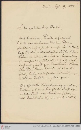 Nachlass Alfred Hettner, Eingegangene Briefe, Korrespondenz Alphons Stübel/Alfred Hettner: Brief von Alphons Stübel an Alfred Hettner