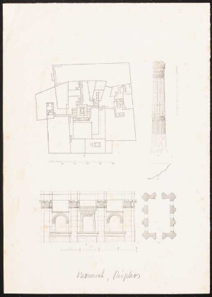 Peripteros, Mezaurah: wie Inv.Nr. 44850 und 44851,1: Ansicht, Grundriss des Tempels, Gesamtgrundriss der Anlage, Ansicht Säule, Profil, drei Maßstabsleisten (Nach- oder Durchzeichnung)