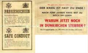 Abwurf-Flugblatt der Alliierten für die Besatzung der Festung Dünkirchen, rückseitig Passierschein für die Kapitulation