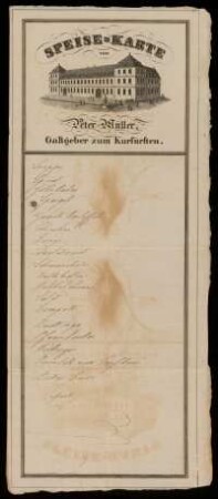 Speisekarte von Peter Müller, Gastgeber zum Kurfürsten
