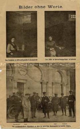 Bildbeilage einer proletarischen Zeitschrift mit Fotos von Rosa Luxemburg und Clara Zetkin im Gefängnis und sozialdemokratischen Abgeordneten im kaiserlichen Hauptquartier