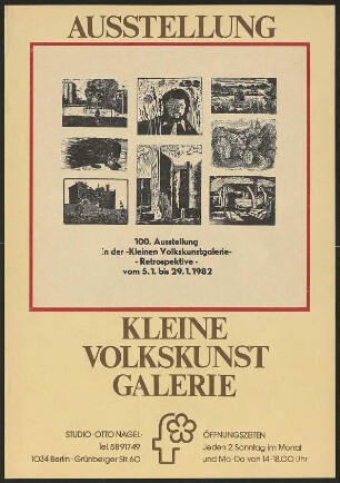 Ausstellungswerbung: "100. Ausstellung in der ‚Kleinen Volkskunstgalerie‘. Retrospektive" von 05.01. bis 29.01.1982