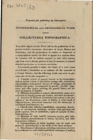 Proposals for publishing by subscription a topographical and genealogical work intitled Collectanea topographica