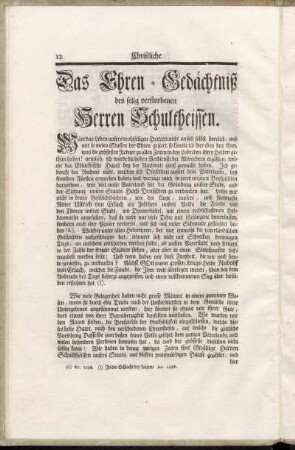 Das Ehren-Gedächtniß des selig verstorbenen Herren Schultheissen.