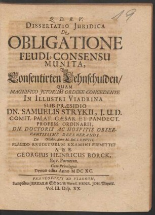 Dissertatio Iuridica De Obligatione Feudi, Consensu Munita