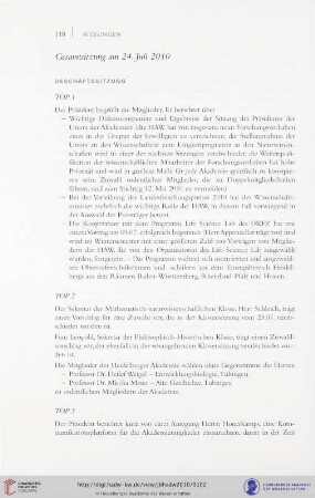 Gesamtsitzung am 24. Juli 2010