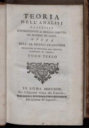 Tomo 3: Teoria dell'analisi da servire d'introduzione al metodo diretto ed inverso de'limiti. Tomo Terzo