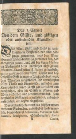 Das I. Capitel Von dem Giffte, und gifftigen oder ansteckenden Kranckheiten