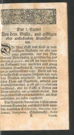 Das I. Capitel Von dem Giffte, und gifftigen oder ansteckenden Kranckheiten
