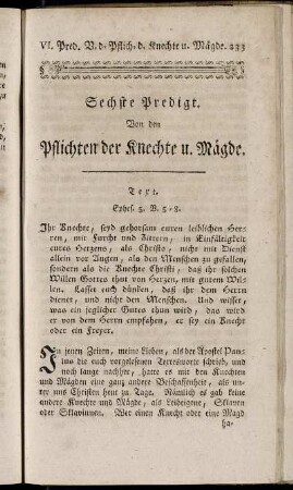 Sechste Predigt. Von den Pflichten der Knechte u. Mägde.