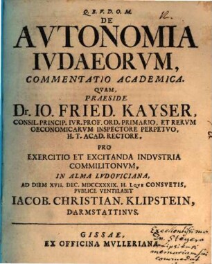 De Avtonomia Ivdaeorvm, Commentatio Academica