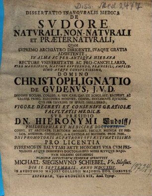 Dissertatio Inavgvralis Medica De Svdore Natvrali, Non-Natvrali Et Praeternatvrali