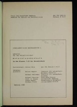 Lehrplan für das Wahlpflichtfach Naturwissenschaft in den Klassen 7 - 10 der Gesamtschule