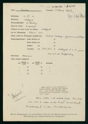 Fragebogen (26.05.1933)