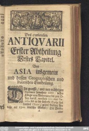 Erstes Capitel. Von Asia insgemein und dessen Geographischen und Politischen Eintheilung.