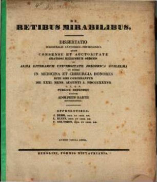 De retibus mirabilibus : Diss. inaug. anat. physiol. ; cum tab. aen.
