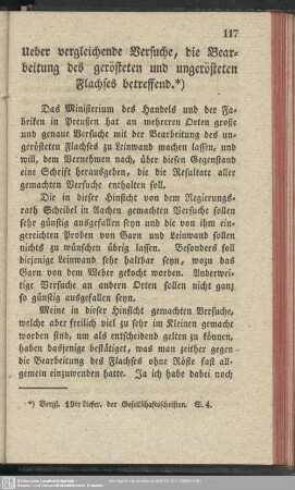 Ueber vergleichende Versuche, die Bearbeitung des gerösteten und ungerösteten Flachses betreffend