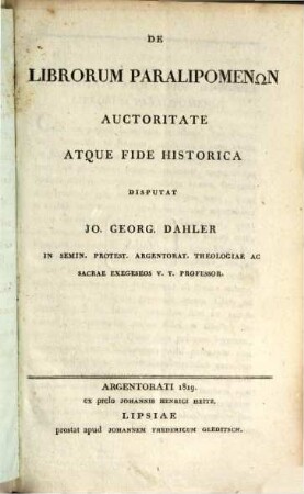 De Librorum Paralipomenon auctoritate atque Fide historica