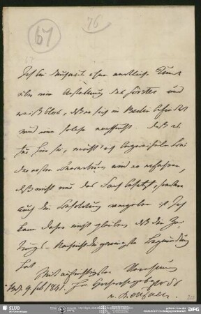 Eigenh. Brief von Philipp Joseph von Rehfues an August Wilhelm von Schlegel, Bonn, 09.02.1841
