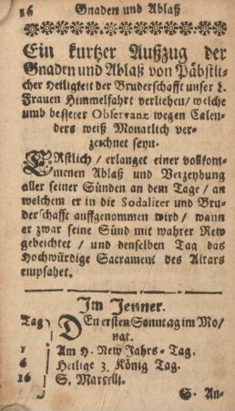 Ein kurtzer Außzug der Gnaden und Ablaß von Päbstlicher Heiligkeit ...