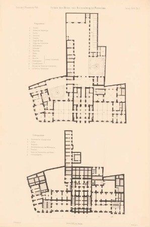 Palais Kronenberg, Warschau: Grundriss Keller, EG (aus: Atlas zur Zeitschrift für Bauwesen, hrsg. v. G. Erbkam, Jg. 24, 1874)
