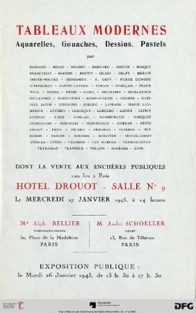 Tableaux modernes : aquarelles, gouaches, pastels, dessins par Besnard, Boggs ... Ziem ; dont la vente aux enchères publiques aura lieu à Paris, Hôtel Drouot le mercredi 27 janvier 1943